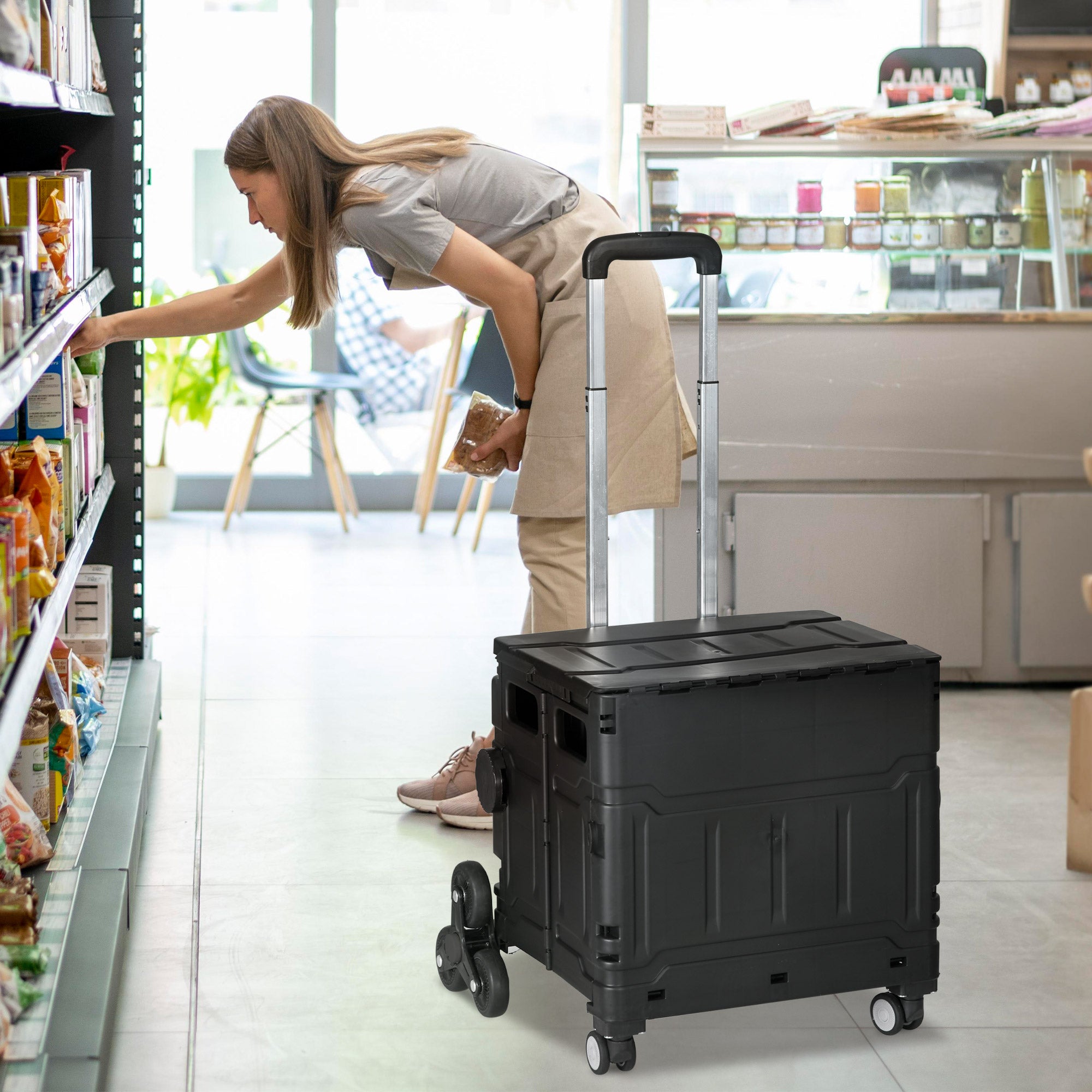 Folding Shopping Trolley, Shopping Cart with Adjustable Telescopic Handle, Stair Climber with Lid, Transport Cart up to 80 kg Capacity, Black