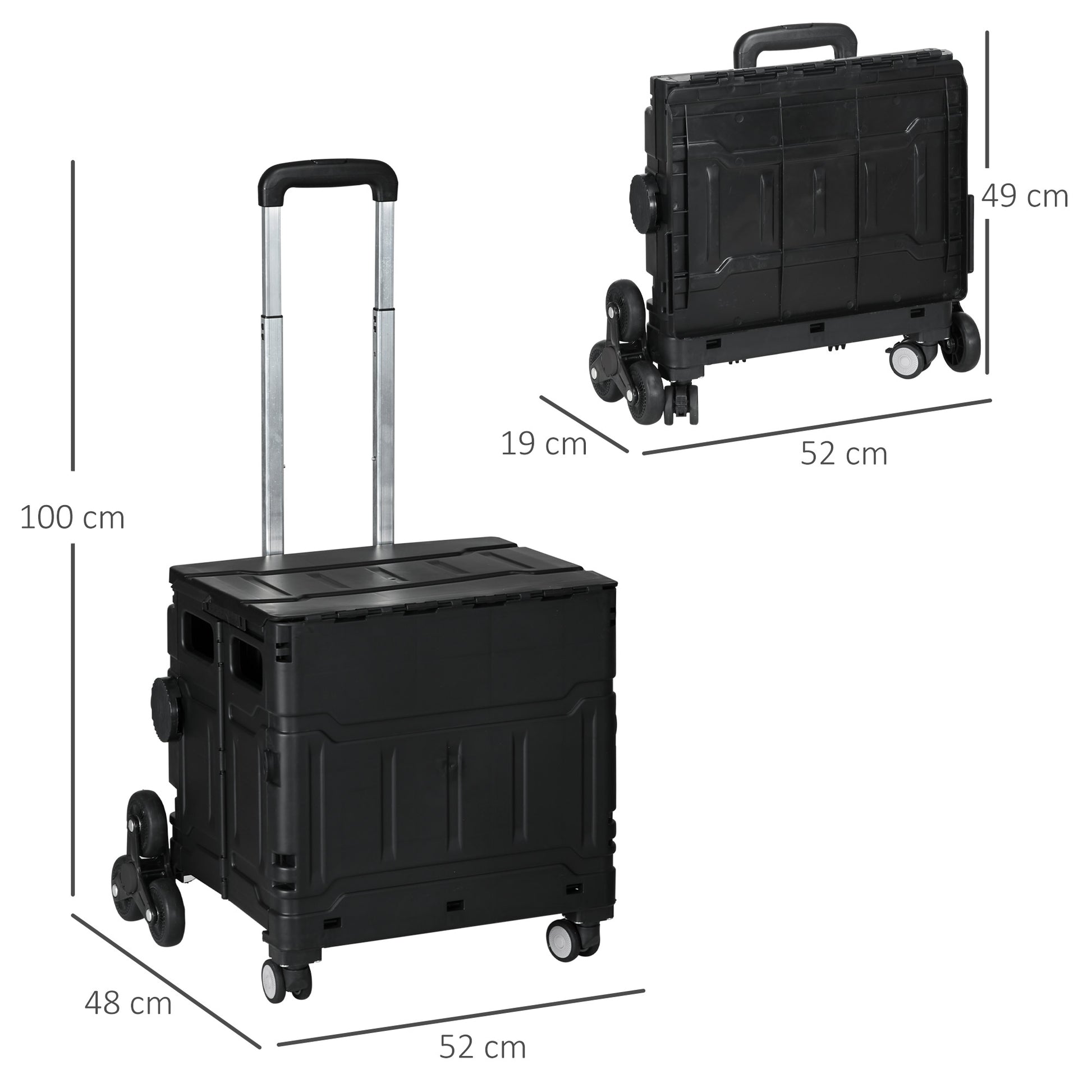 Folding Shopping Trolley, Shopping Cart with Adjustable Telescopic Handle, Stair Climber with Lid, Transport Cart up to 80 kg Capacity, Black