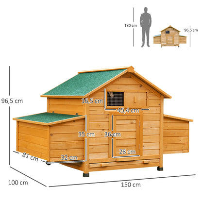 Outdoor Chicken Coop Wooden Chicken Coop for 2-4 Chickens with 2 Nests Removable Tray Hinged Roof 150x100x96.5 cm Natural