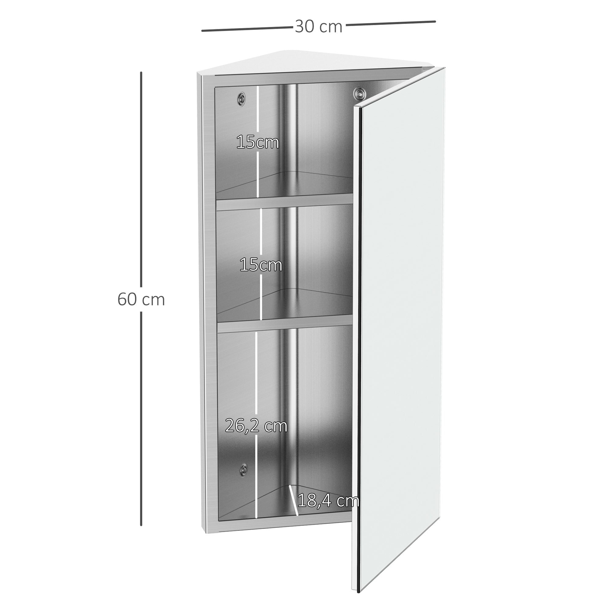 Bathroom Mirror Cabinet Wall-Mounted Corner Toilet Cabinet with 2 Shelves dim. 30W x 18.4D x 60H cm Stainless Steel.