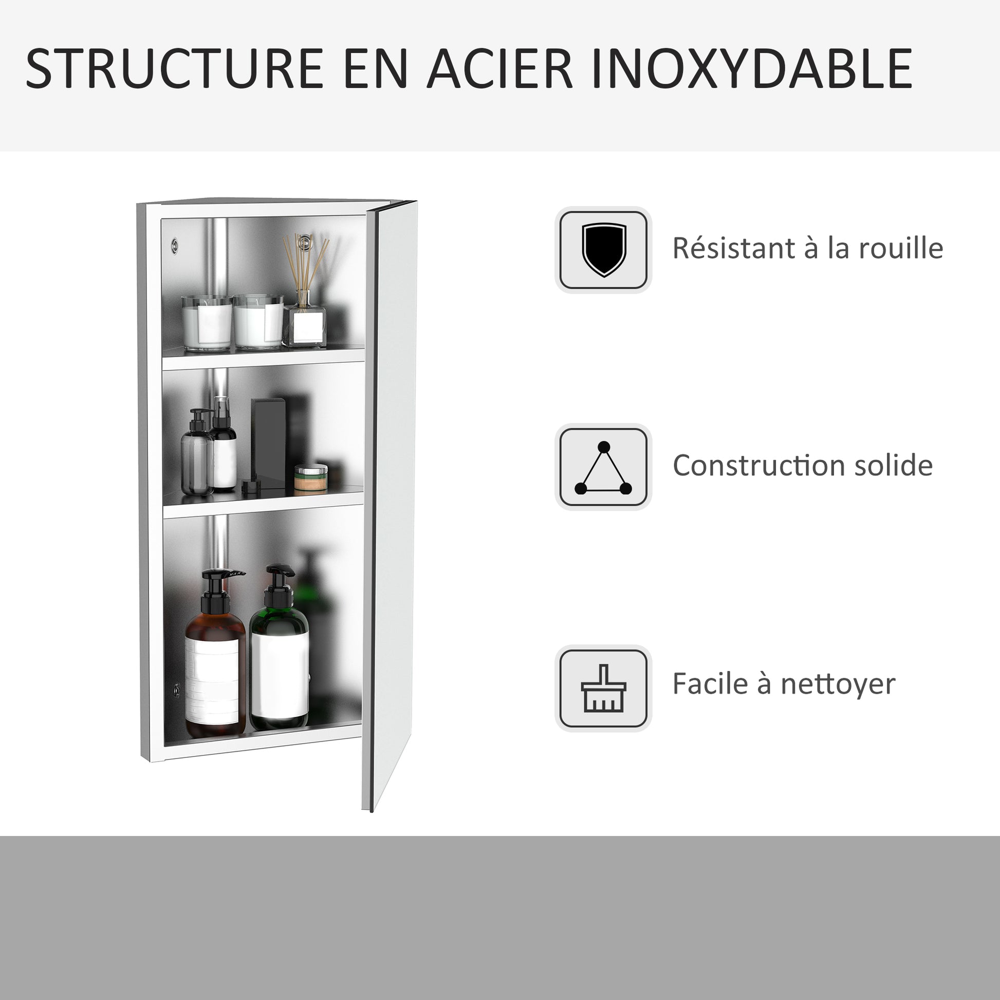 Bathroom Mirror Cabinet Wall-Mounted Corner Toilet Cabinet with 2 Shelves dim. 30W x 18.4D x 60H cm Stainless Steel.