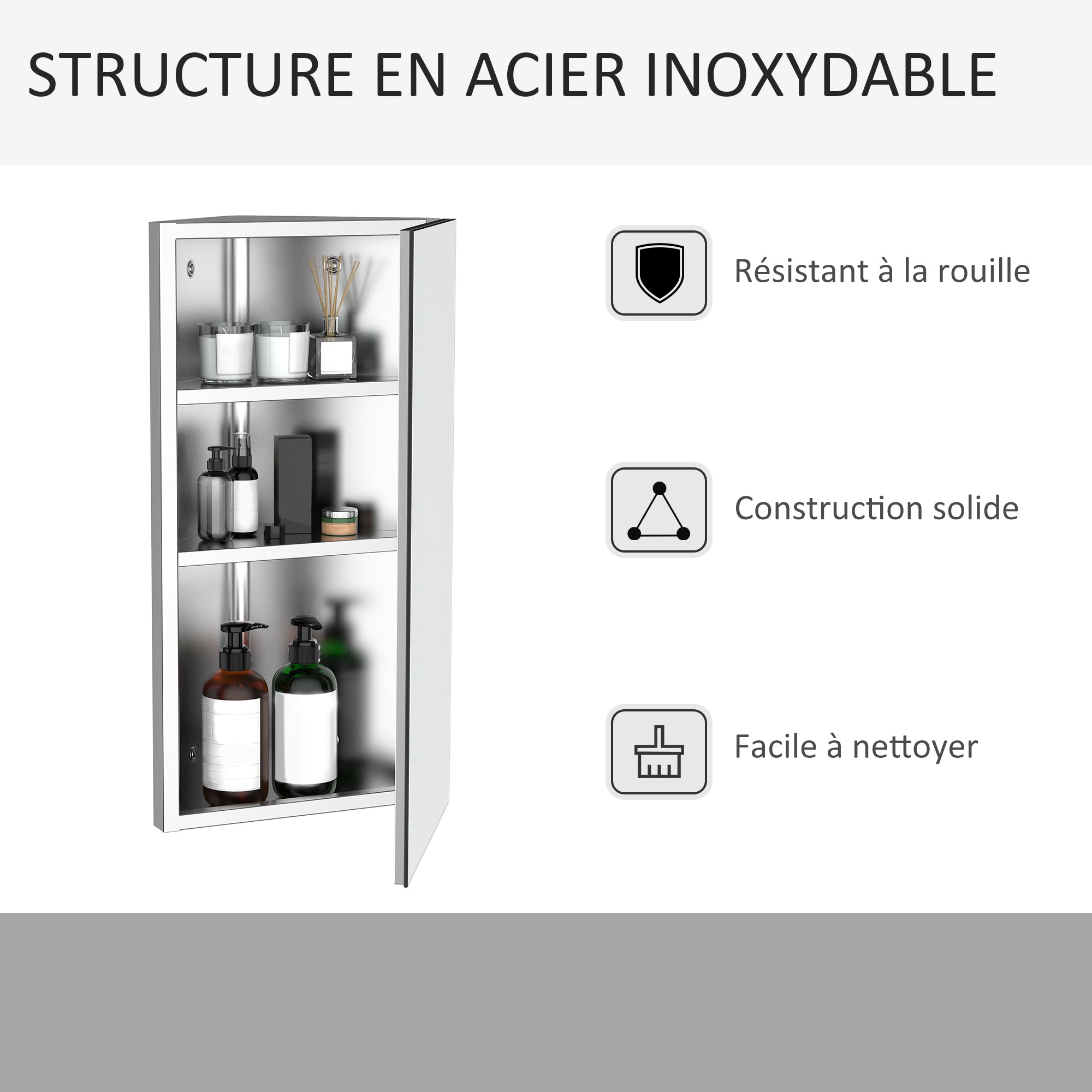 Bathroom Mirror Cabinet Wall-Mounted Corner Toilet Cabinet with 2 Shelves dim. 30W x 18.4D x 60H cm Stainless Steel.