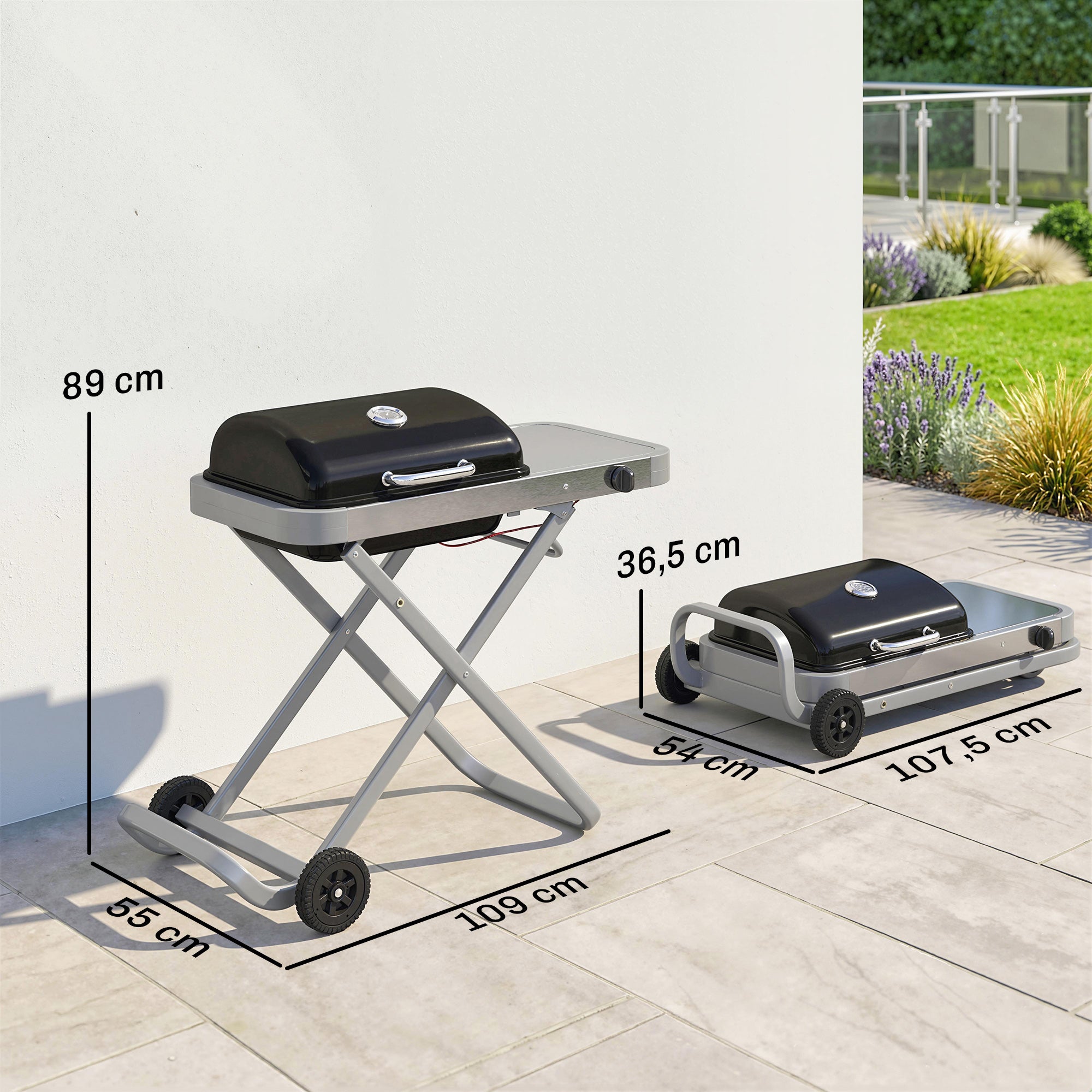 Portable 1-Burner 2.5 kW Folding Gas Grill with Cart, Side Shelf, Lid Thermometer & Drip Tray — Tabletop Outdoor Grill for BBQ, Camping & Garden