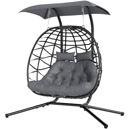 Hanging Chair with Foldable Stand Hanging Basket with Cushion Sunshade Canopy Poly Rattan Hanging Chair for 2 Persons Outdoor Hanging Swing Loadable up to 260kg Chair for Balcony Terrace Dark Gray