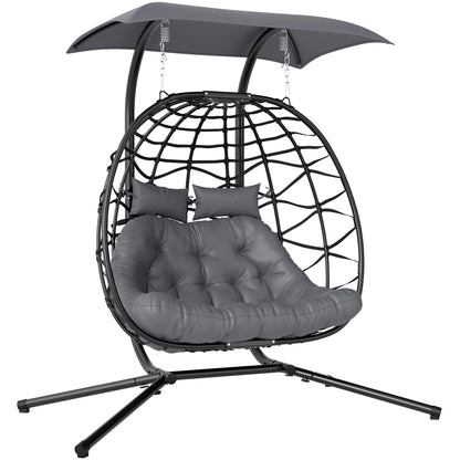 Hanging Chair with Foldable Stand Hanging Basket with Cushion Sunshade Canopy Poly Rattan Hanging Chair for 2 Persons Outdoor Hanging Swing Loadable up to 260kg Chair for Balcony Terrace Dark Gray
