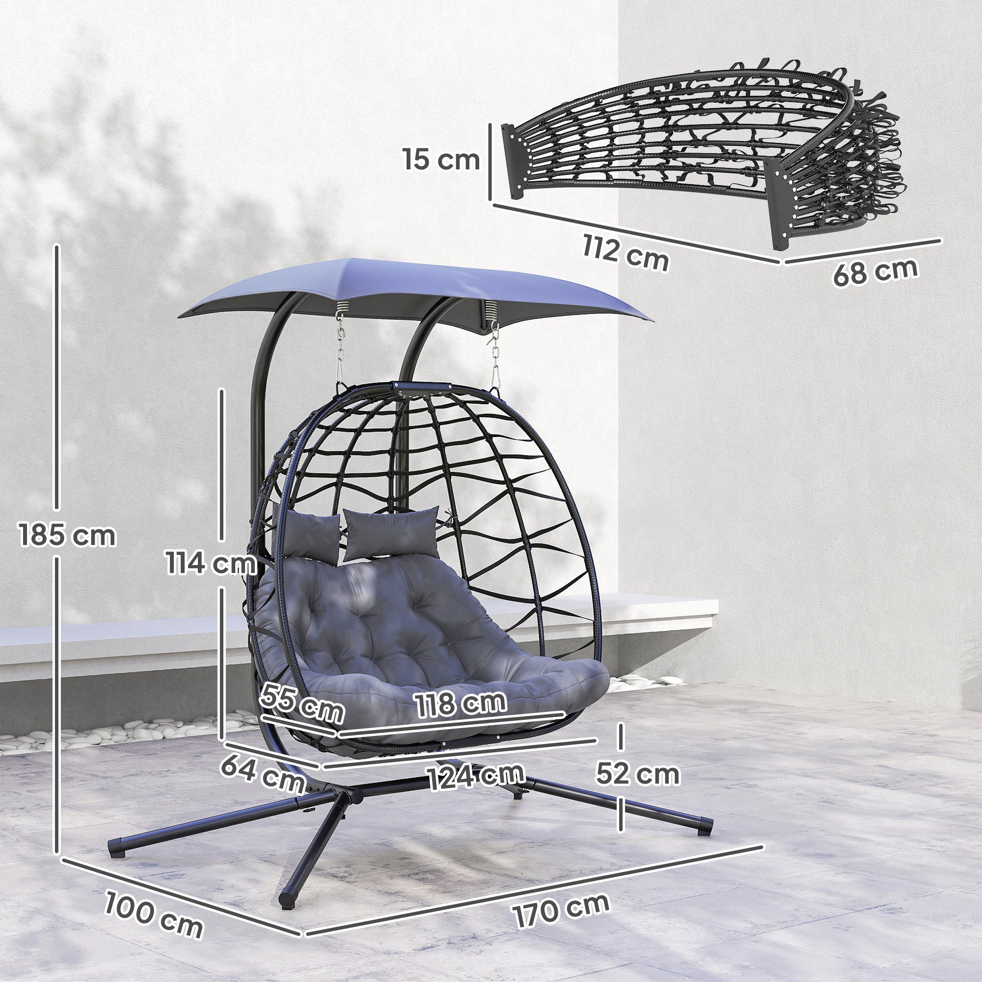 Hanging Chair with Foldable Stand Hanging Basket with Cushion Sunshade Canopy Poly Rattan Hanging Chair for 2 Persons Outdoor Hanging Swing Loadable up to 260kg Chair for Balcony Terrace Dark Gray