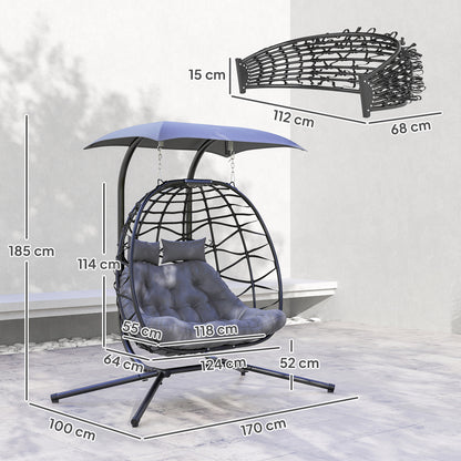 Hanging Chair with Foldable Stand Hanging Basket with Cushion Sunshade Canopy Poly Rattan Hanging Chair for 2 Persons Outdoor Hanging Swing Loadable up to 260kg Chair for Balcony Terrace Dark Gray