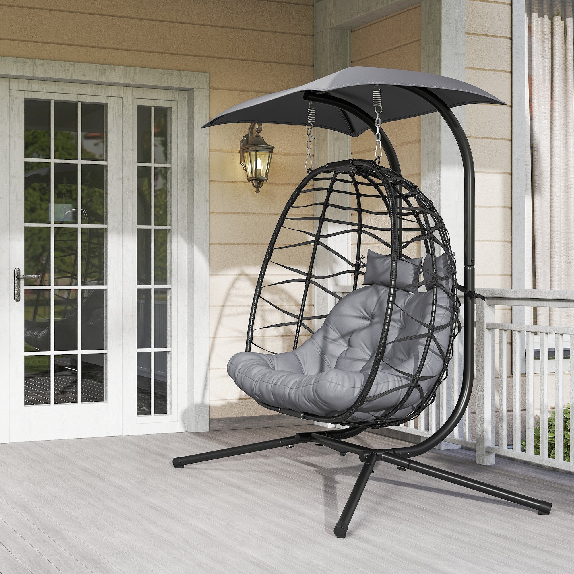 Hanging Chair with Foldable Stand Hanging Basket with Cushion Sunshade Canopy Poly Rattan Hanging Chair for 2 Persons Outdoor Hanging Swing Loadable up to 260kg Chair for Balcony Terrace Dark Gray