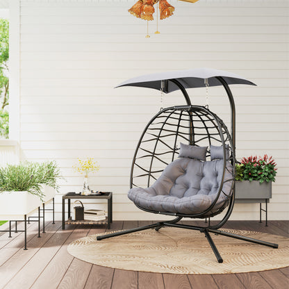 Hanging Chair with Foldable Stand Hanging Basket with Cushion Sunshade Canopy Poly Rattan Hanging Chair for 2 Persons Outdoor Hanging Swing Loadable up to 260kg Chair for Balcony Terrace Dark Gray