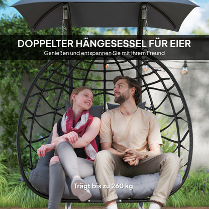 Hanging Chair with Foldable Stand Hanging Basket with Cushion Sunshade Canopy Poly Rattan Hanging Chair for 2 Persons Outdoor Hanging Swing Loadable up to 260kg Chair for Balcony Terrace Dark Gray