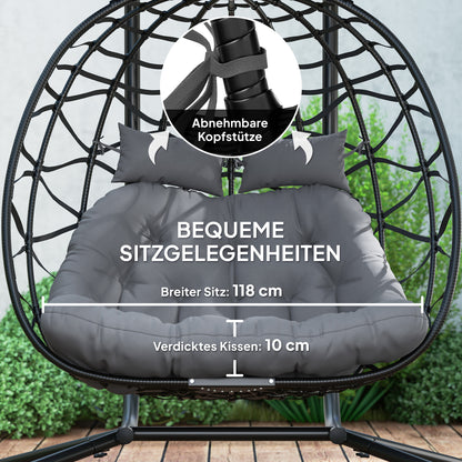 Hanging Chair with Foldable Stand Hanging Basket with Cushion Sunshade Canopy Poly Rattan Hanging Chair for 2 Persons Outdoor Hanging Swing Loadable up to 260kg Chair for Balcony Terrace Dark Gray