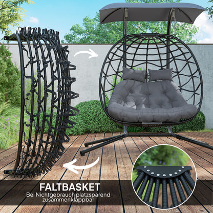 Hanging Chair with Foldable Stand Hanging Basket with Cushion Sunshade Canopy Poly Rattan Hanging Chair for 2 Persons Outdoor Hanging Swing Loadable up to 260kg Chair for Balcony Terrace Dark Gray