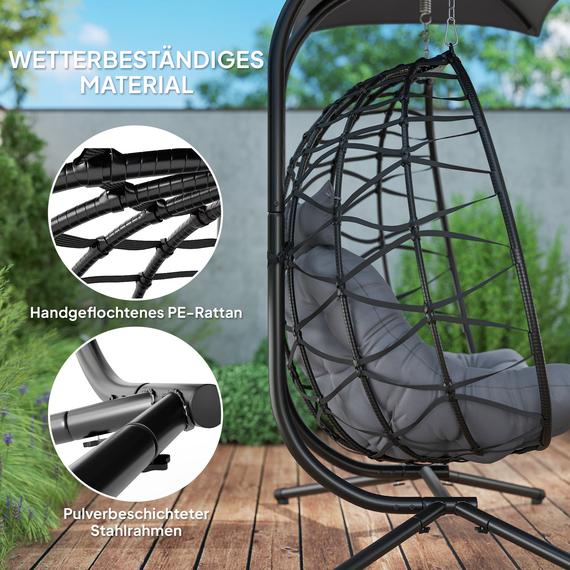 Hanging Chair with Foldable Stand Hanging Basket with Cushion Sunshade Canopy Poly Rattan Hanging Chair for 2 Persons Outdoor Hanging Swing Loadable up to 260kg Chair for Balcony Terrace Dark Gray