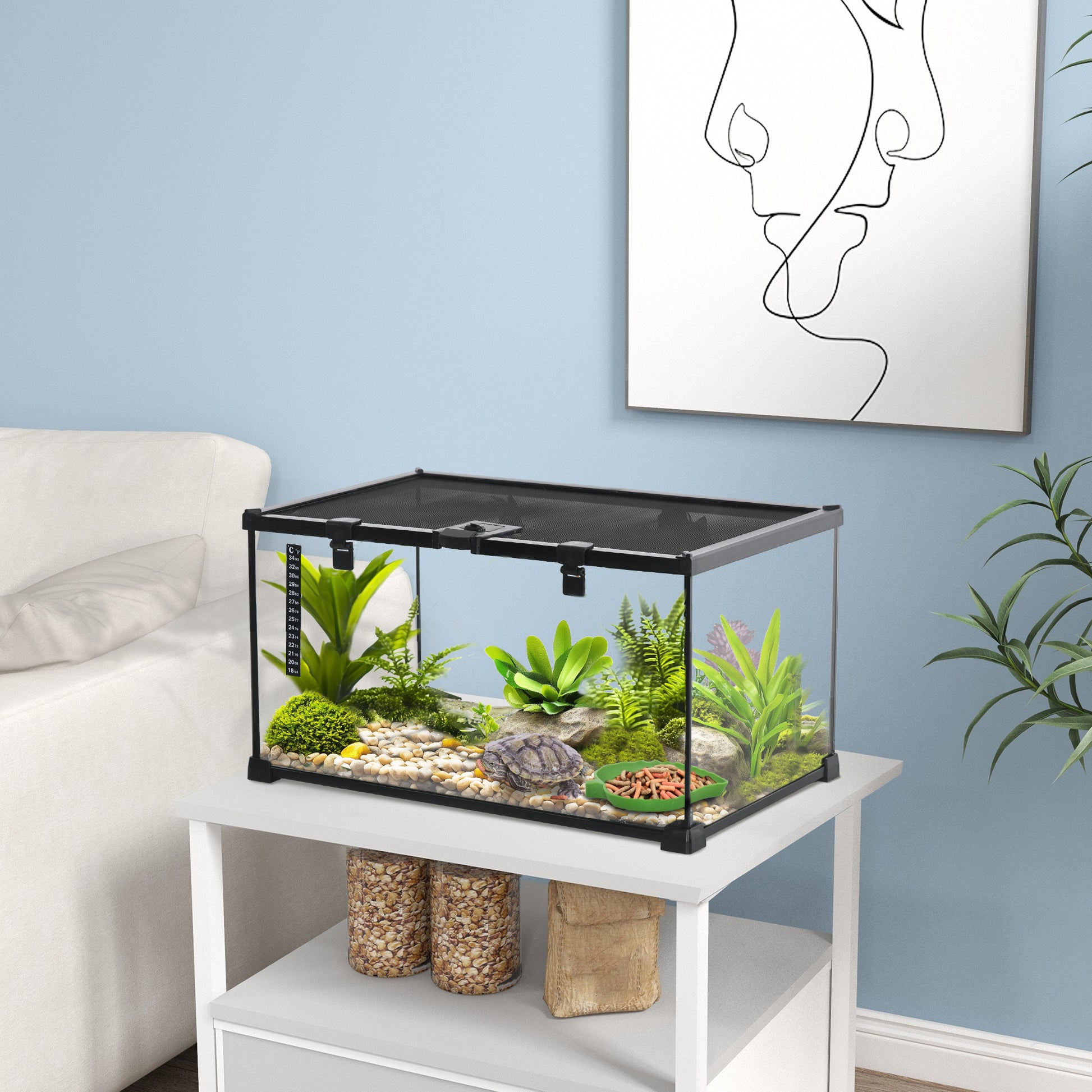 Terrarium for Reptiles Reptile Feeding Box Glass Terrarium Amphibians Arachnids with Thermometer Reptile Breeding Box Metal Black 50 x 30 x 25 cm