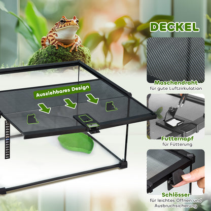 Terrarium for Reptiles Reptile Feeding Box Glass Terrarium Amphibians Arachnids with Thermometer Reptile Breeding Box Metal Black 50 x 30 x 25 cm