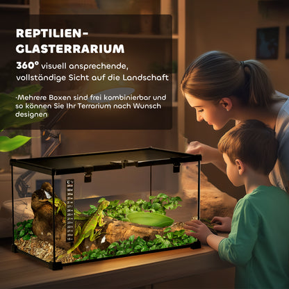Terrarium for Reptiles Reptile Feeding Box Glass Terrarium Amphibians Arachnids with Thermometer Reptile Breeding Box Metal Black 50 x 30 x 25 cm