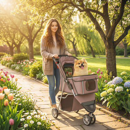 Foldable Pet Stroller for Small Dogs with Storage Basket, Mesh Windows & Cup Holder — 22 lb Capacity, 30.3 x 17.3 x 40.2 in, Brown