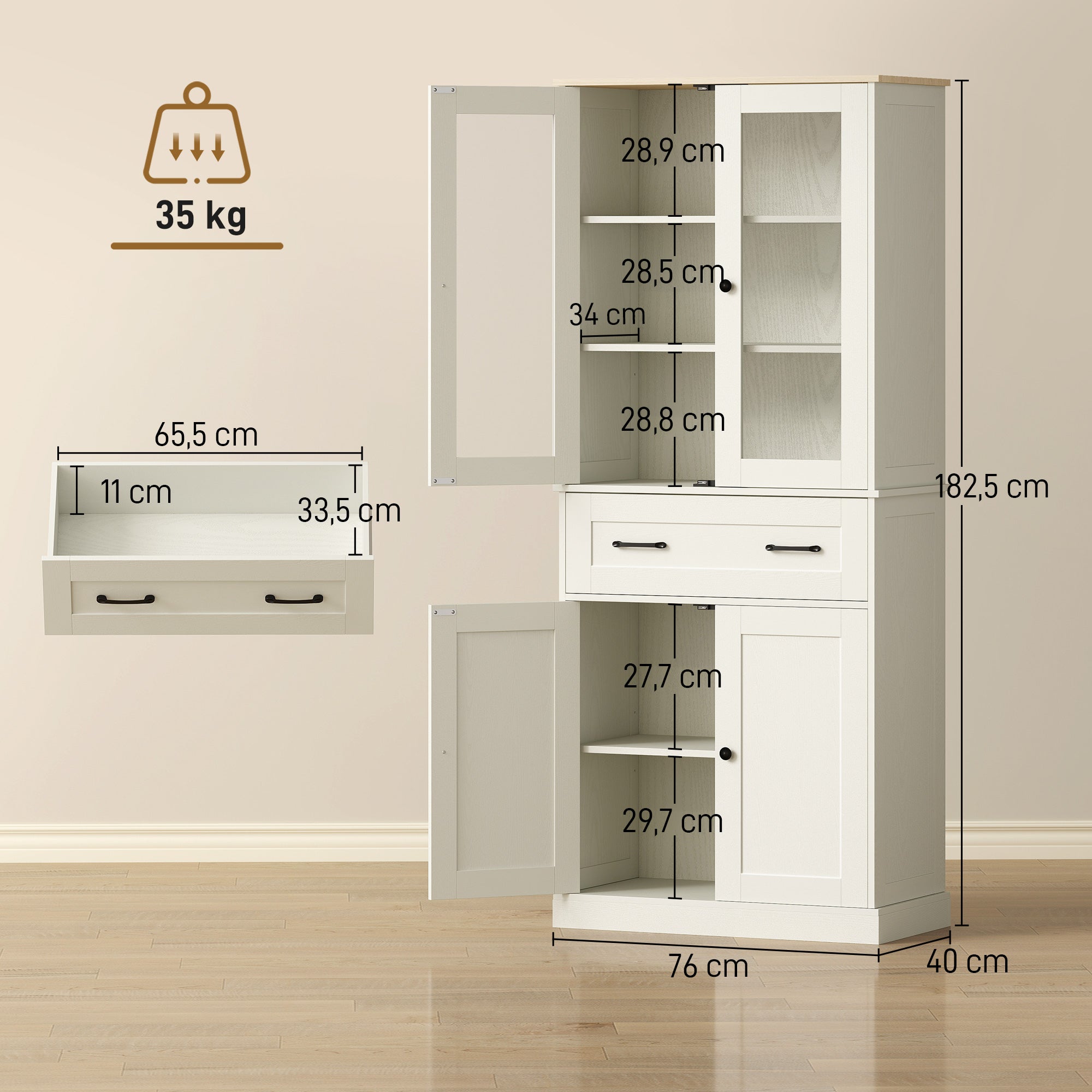 Kitchen Pantry Cabinet, Storage Cupboard with 2 Acrylic Doors, Large Drawer & Adjustable Shelves for Dining Room, 76 x 40 x 182.5 cm (29.9 x 15.7 x 71.9 in), Cream