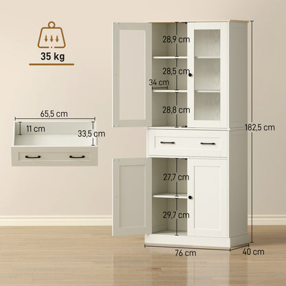 Kitchen Pantry Cabinet, Storage Cupboard with 2 Acrylic Doors, Large Drawer & Adjustable Shelves for Dining Room, 76 x 40 x 182.5 cm (29.9 x 15.7 x 71.9 in), Cream