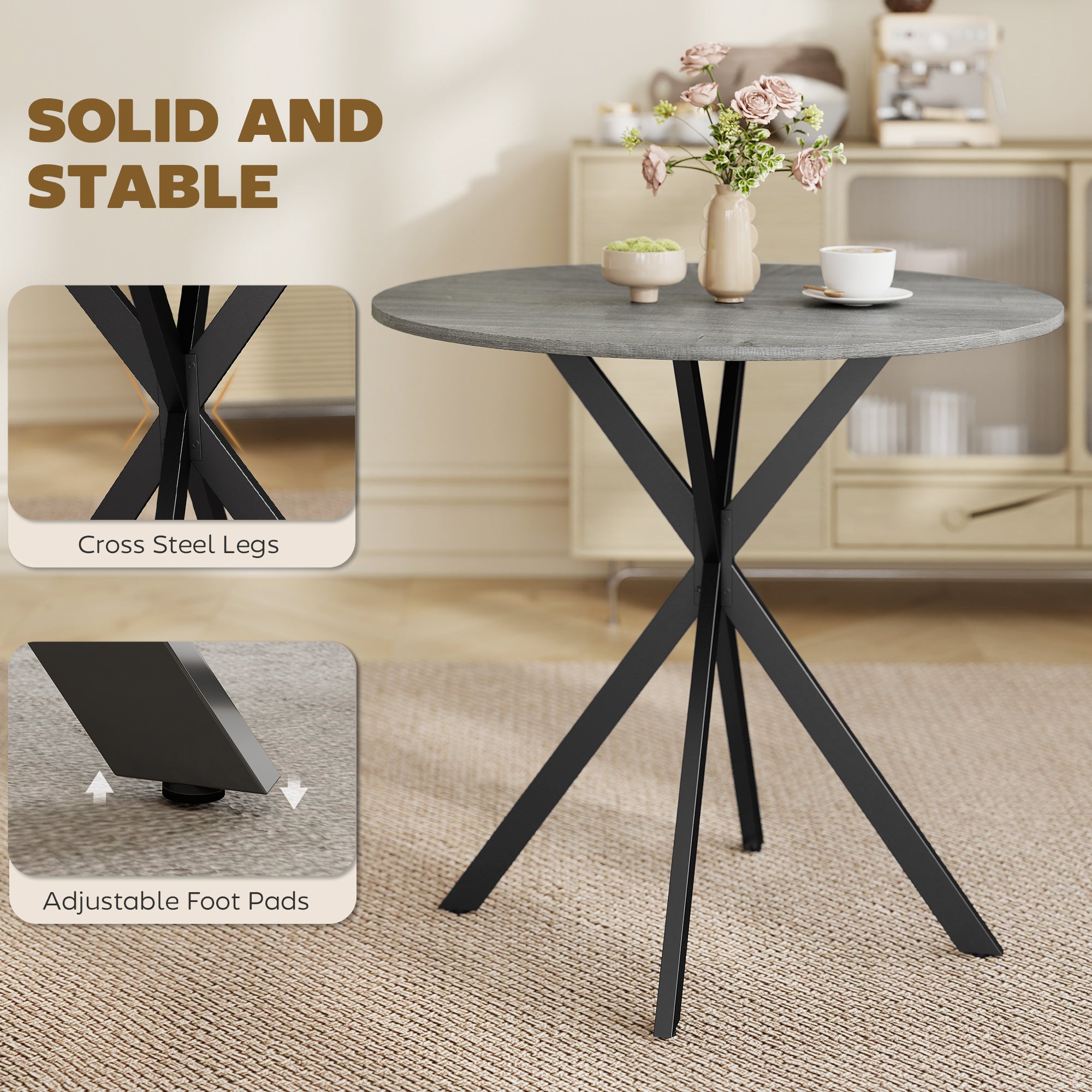 Round Dining Table, 31.5 in Diameter, Industrial-Style Steel X-Legs, Kitchen/Dining/Home Office, Gray