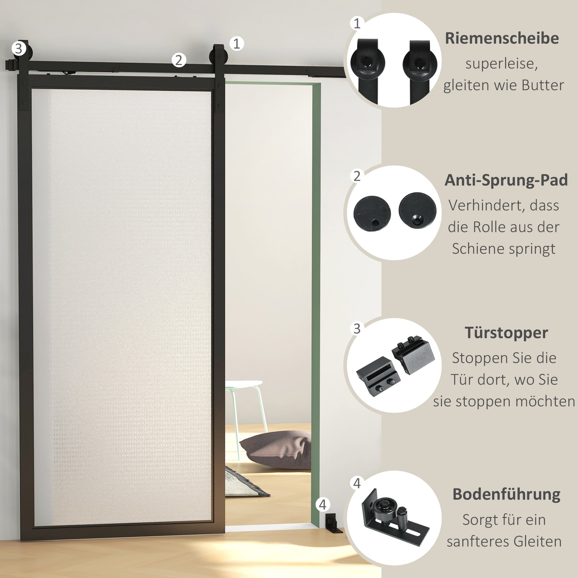 Sliding Door Hardware Kit 183 cm Complete Set with Buffer Function, Rails, Rollers, Anti-jump Devices, Door Stoppers, Floor Guide, Sliding Door System made of Carbon Steel Black