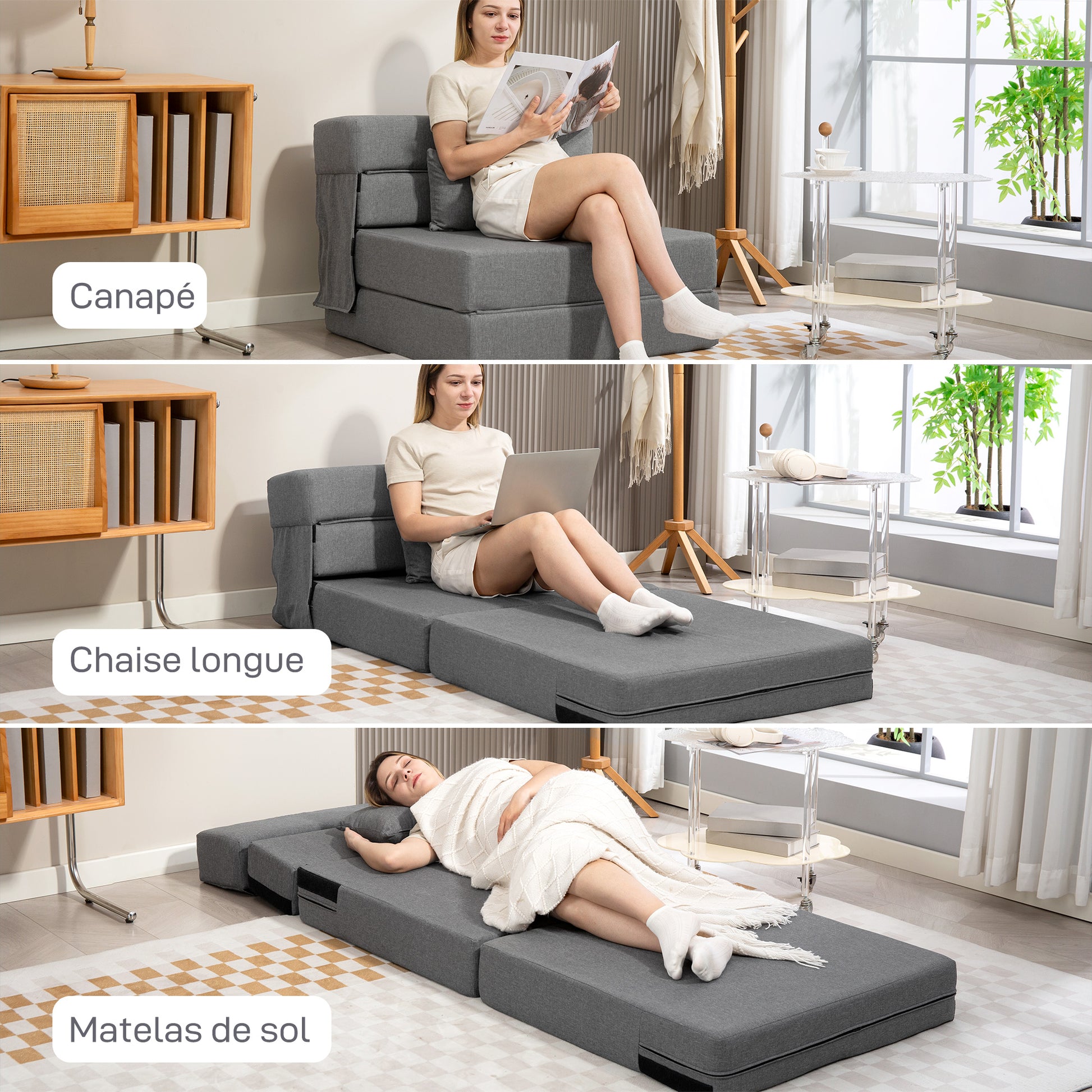 1-Seater Convertible Armchair Bed Folding Chair 1-Seater 3-in-1 with Padded Seat, Included Cushion, Portable Floor Chair for Guests, Living Room, Small Space, Load 120 kg, Gray