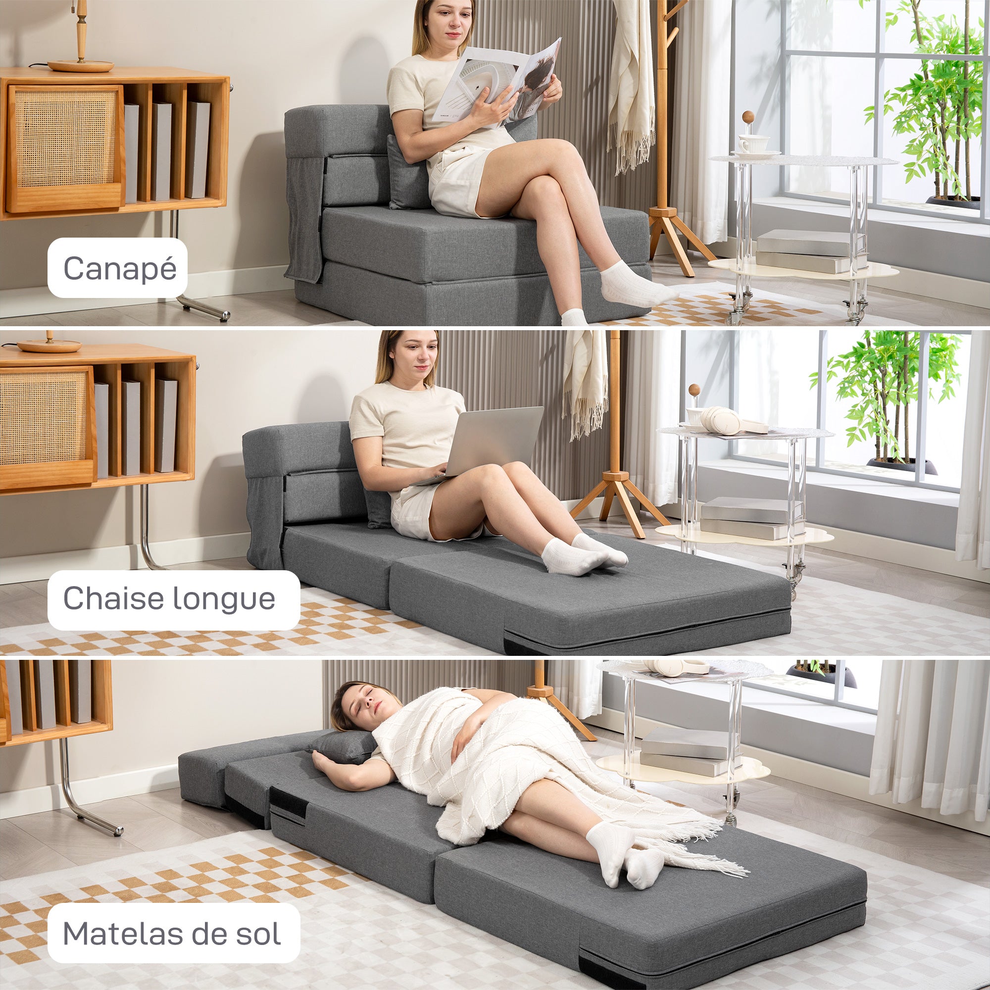 1-Seater Convertible Armchair Bed Folding Chair 1-Seater 3-in-1 with Padded Seat, Included Cushion, Portable Floor Chair for Guests, Living Room, Small Space, Load 120 kg, Gray
