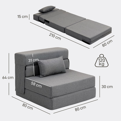 1-Seater Convertible Armchair Bed Folding Chair 1-Seater 3-in-1 with Padded Seat, Included Cushion, Portable Floor Chair for Guests, Living Room, Small Space, Load 120 kg, Gray