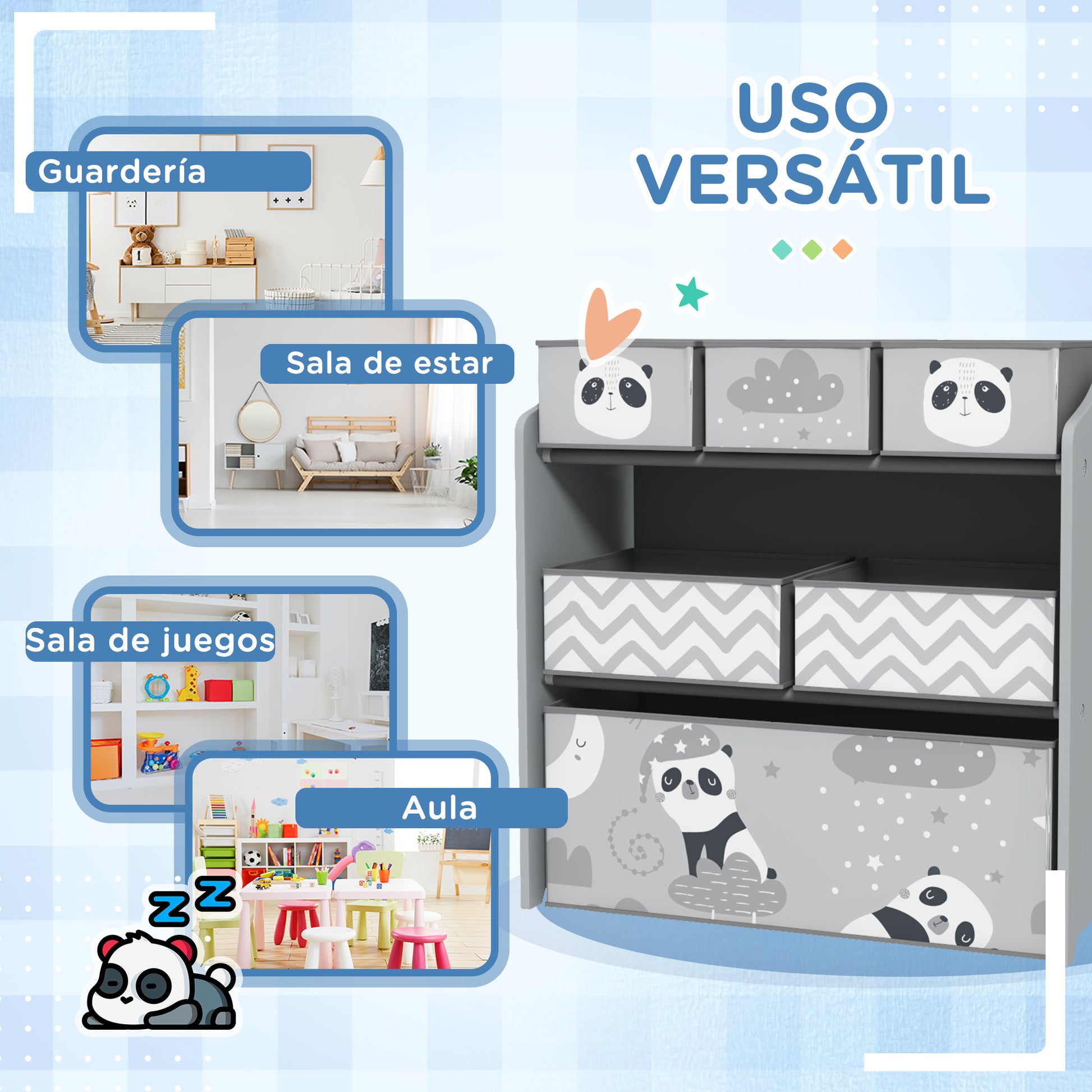 ZONEKIZ Toy Shelf with 6 Non-woven Fabric Removable Boxes Toy Organizer for Kids 3-8 Years for Bedroom Nursery 63x30x66 cm Gray and White