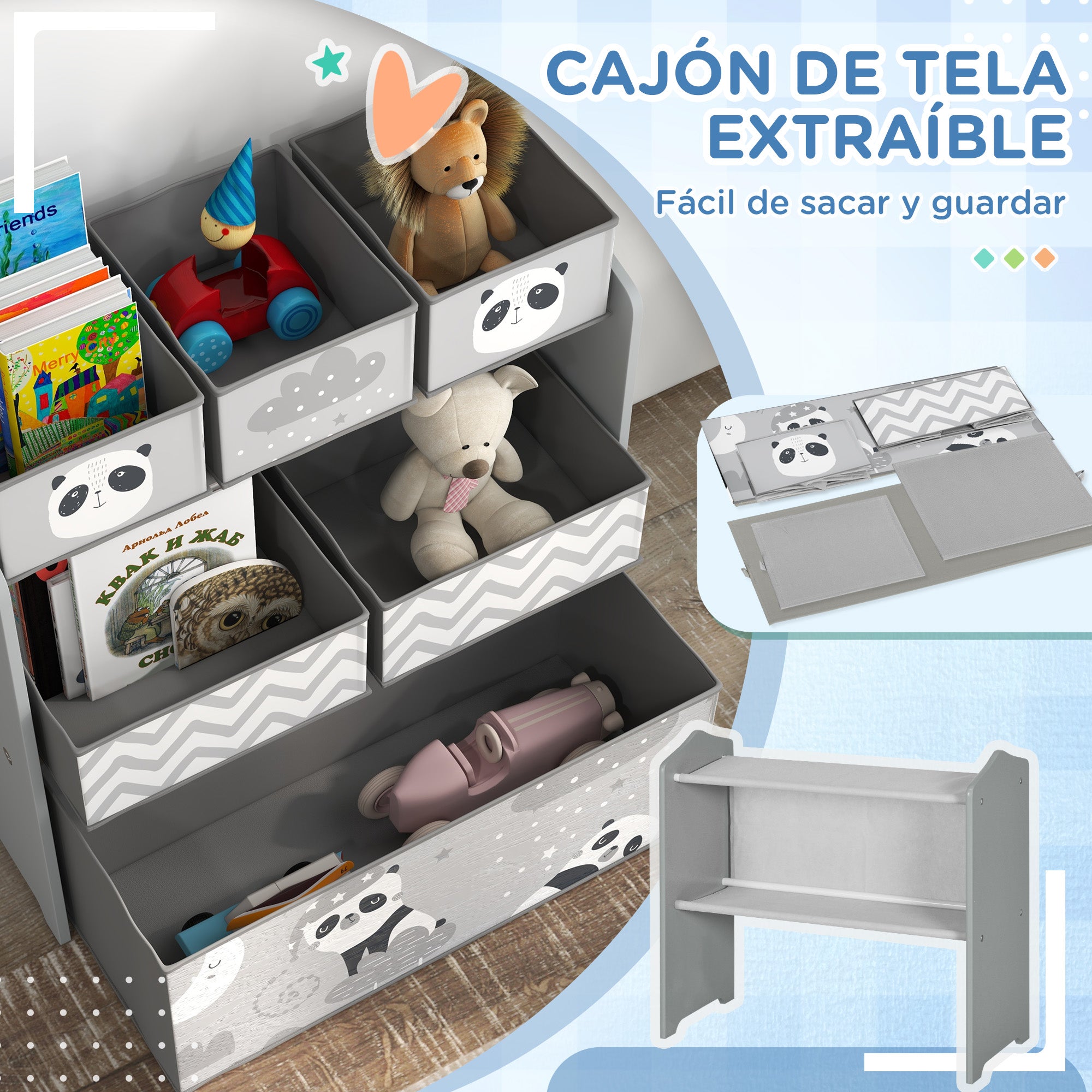 ZONEKIZ Toy Shelf with 6 Non-woven Fabric Removable Boxes Toy Organizer for Kids 3-8 Years for Bedroom Nursery 63x30x66 cm Gray and White