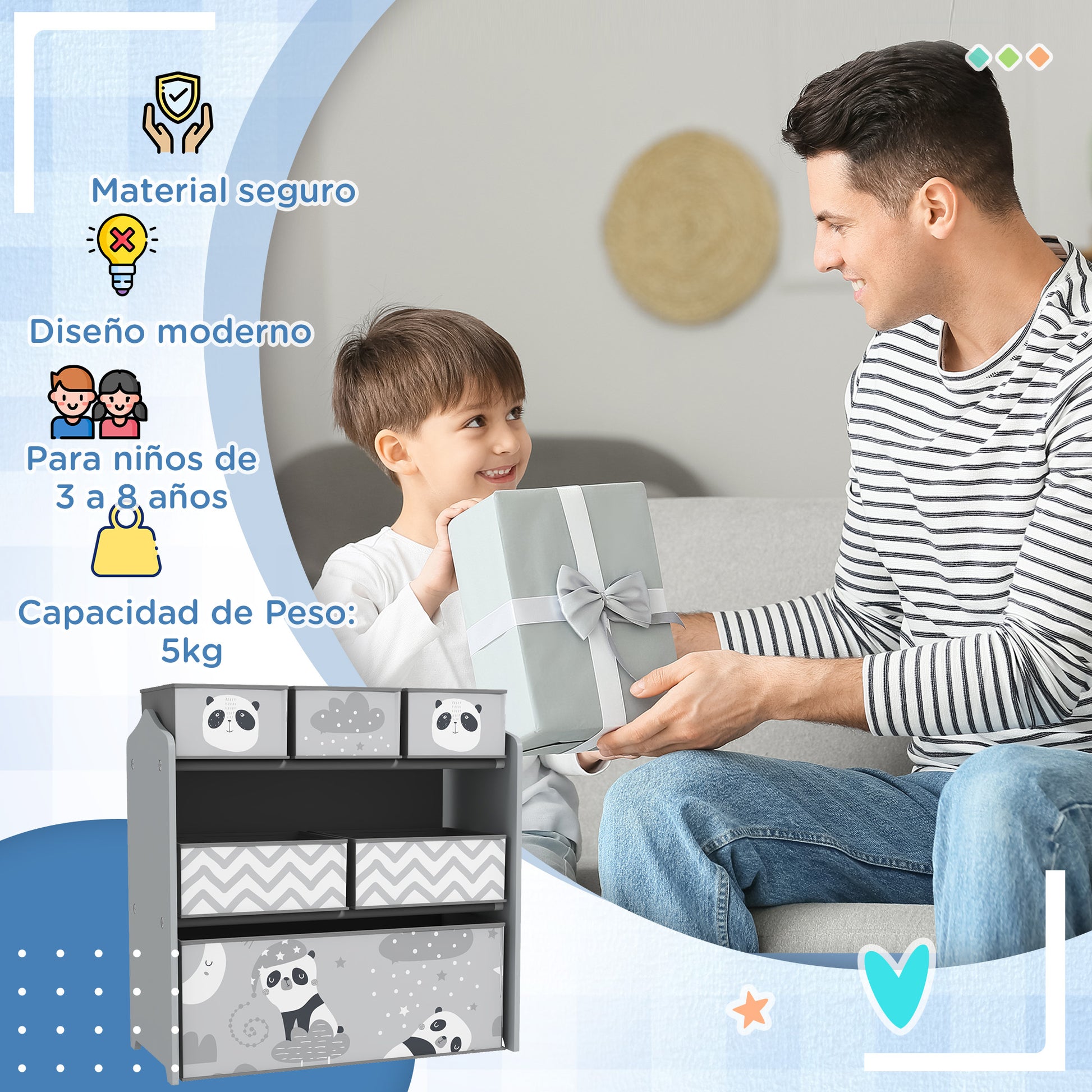 ZONEKIZ Toy Shelf with 6 Non-woven Fabric Removable Boxes Toy Organizer for Kids 3-8 Years for Bedroom Nursery 63x30x66 cm Gray and White