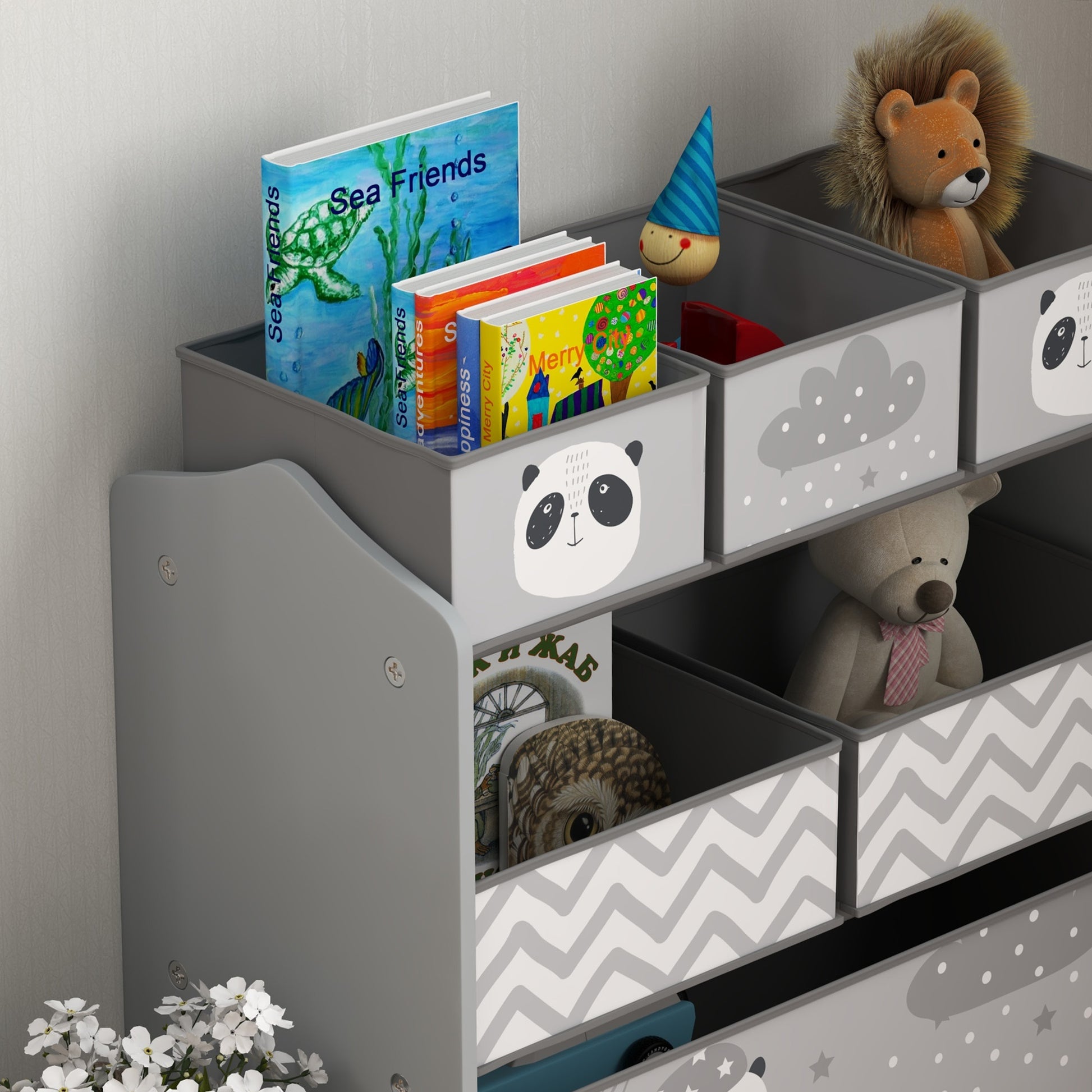 ZONEKIZ Toy Shelf with 6 Non-woven Fabric Removable Boxes Toy Organizer for Kids 3-8 Years for Bedroom Nursery 63x30x66 cm Gray and White