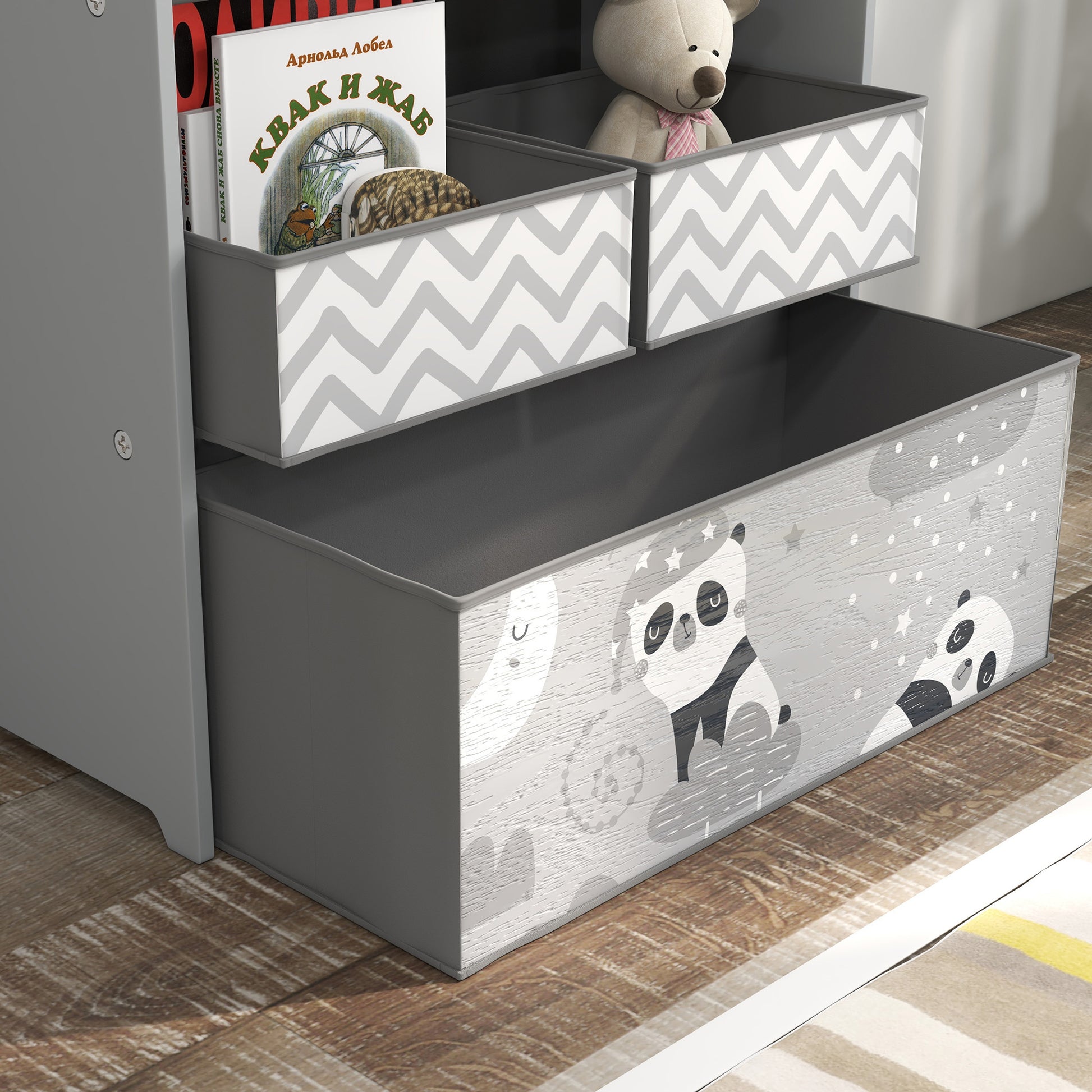 ZONEKIZ Toy Shelf with 6 Non-woven Fabric Removable Boxes Toy Organizer for Kids 3-8 Years for Bedroom Nursery 63x30x66 cm Gray and White