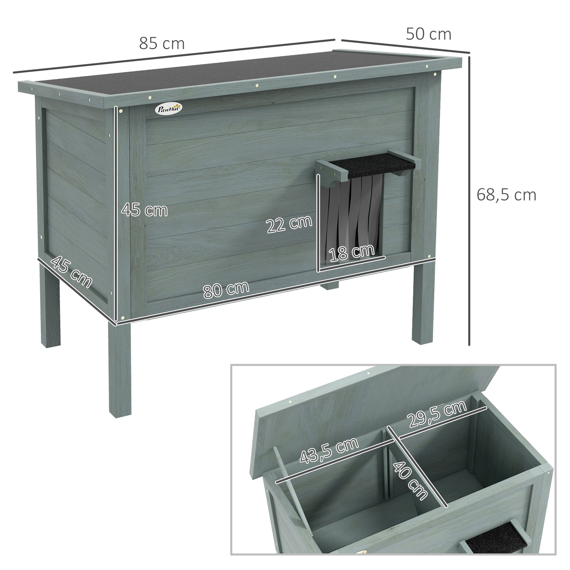 Wooden Cat House Winterproof Waterproof Cat Shelter with Asphalt Roof, Floor Feet Cat Cave Cat Box Outdoor Shelter for Outside Garden Balcony 85 x 50 x 68.5 cm Dark Gray