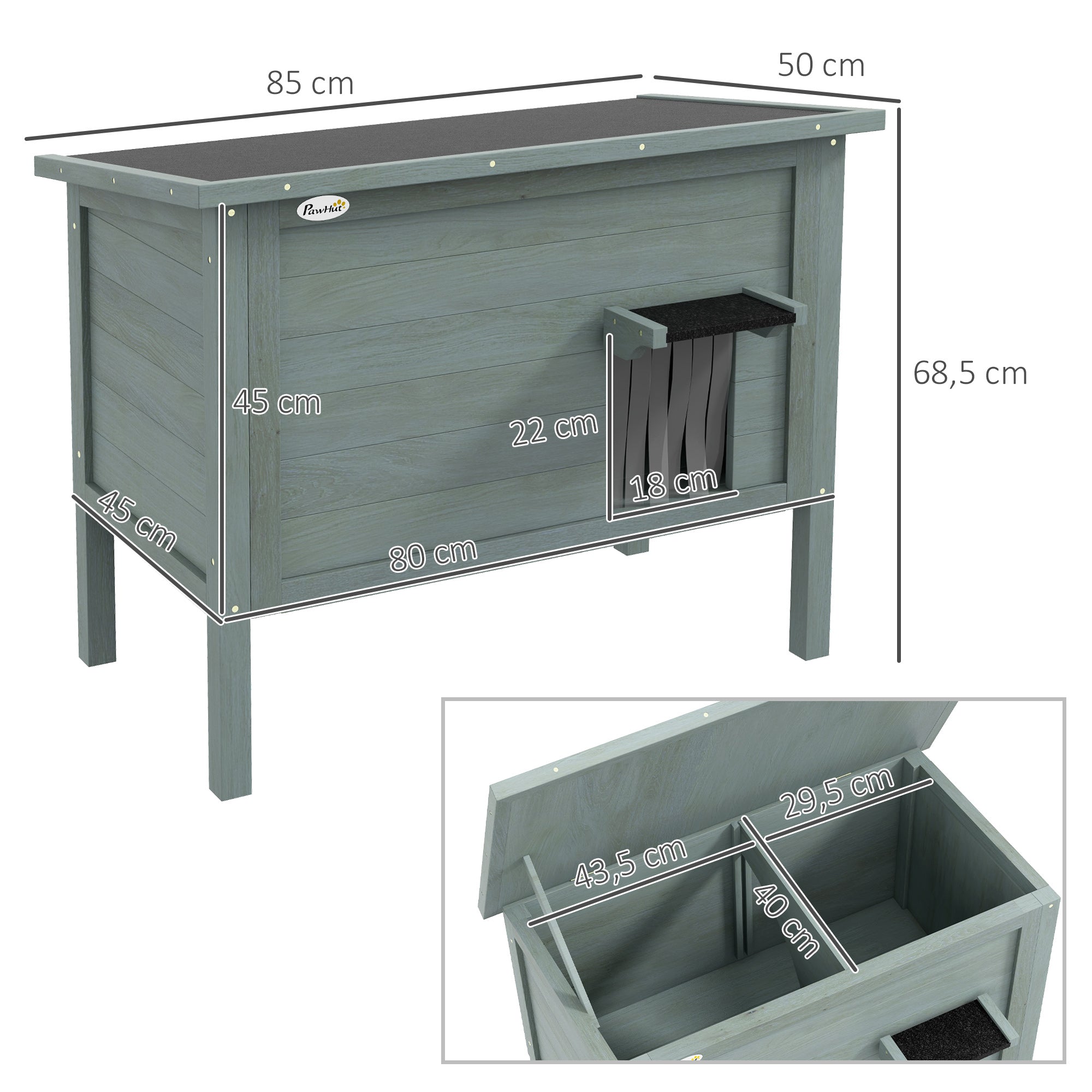 Wooden Cat House Winterproof Waterproof Cat Shelter with Asphalt Roof, Floor Feet Cat Cave Cat Box Outdoor Shelter for Outside Garden Balcony 85 x 50 x 68.5 cm Dark Gray