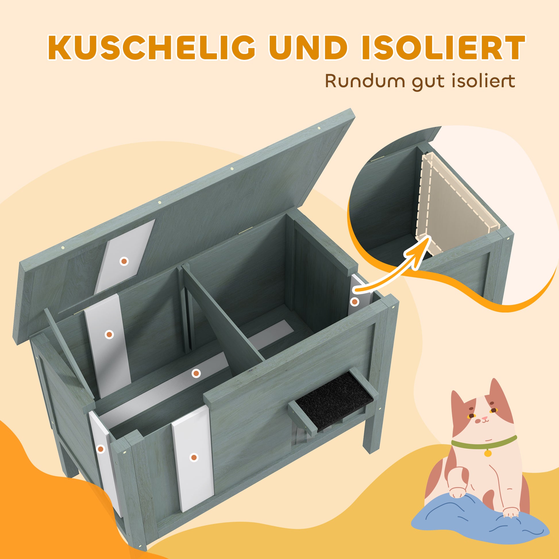 Wooden Cat House Winterproof Waterproof Cat Shelter with Asphalt Roof, Floor Feet Cat Cave Cat Box Outdoor Shelter for Outside Garden Balcony 85 x 50 x 68.5 cm Dark Gray