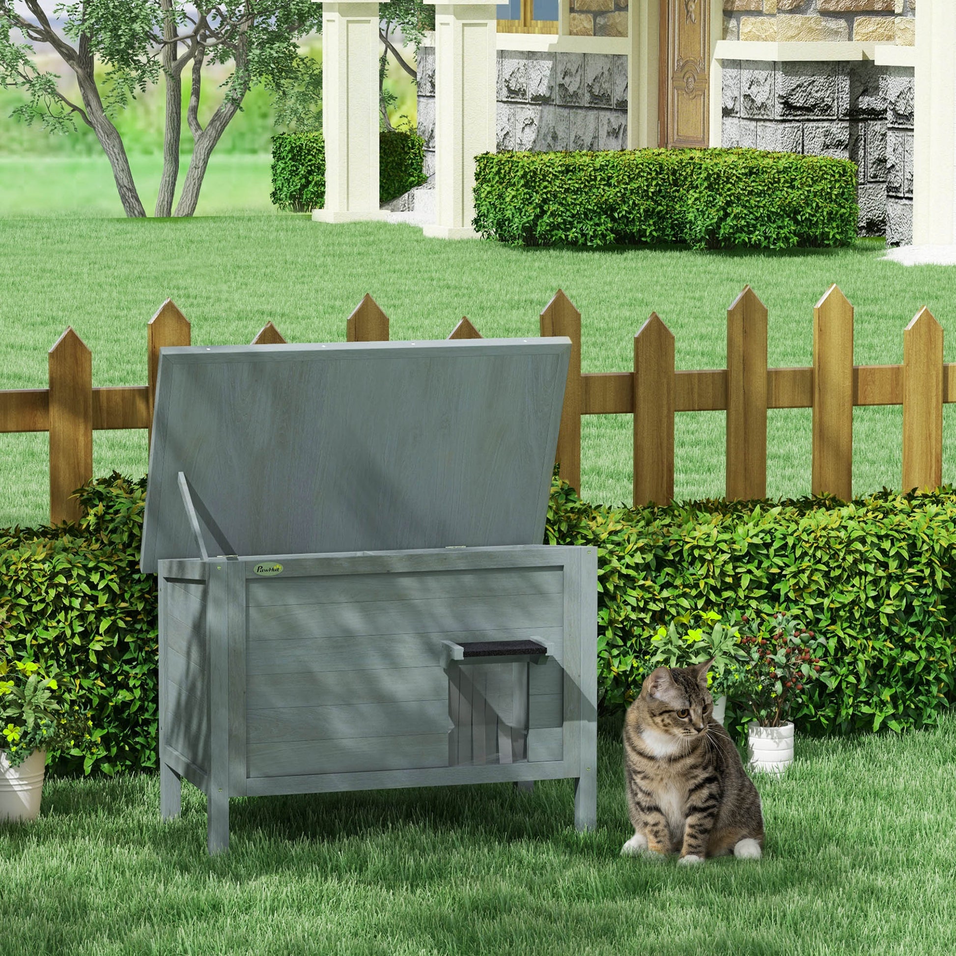 Wooden Cat House Winterproof Waterproof Cat Shelter with Asphalt Roof, Floor Feet Cat Cave Cat Box Outdoor Shelter for Outside Garden Balcony 85 x 50 x 68.5 cm Dark Gray