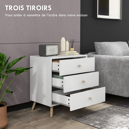 Scandinavian Design 3-Drawer Chest of Drawers White Handle Tapered Solid Pine Legs Storage Unit