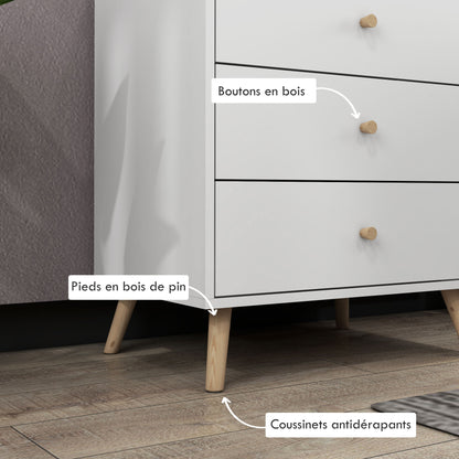 Scandinavian Design 3-Drawer Chest of Drawers White Handle Tapered Solid Pine Legs Storage Unit