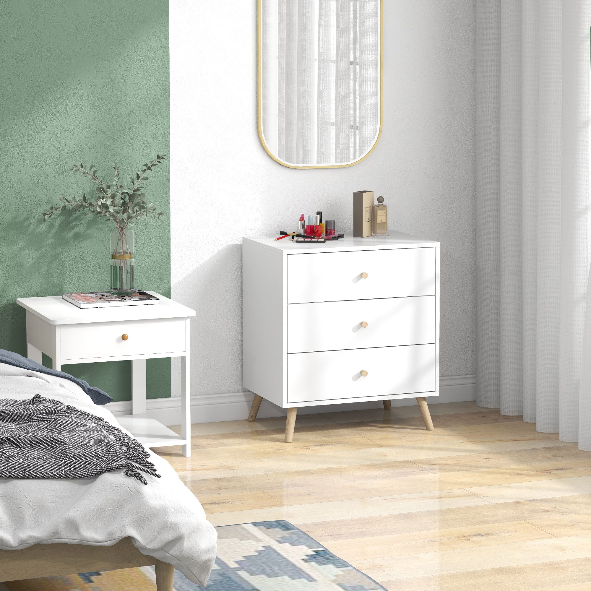 Scandinavian Design 3-Drawer Chest of Drawers White Handle Tapered Solid Pine Legs Storage Unit