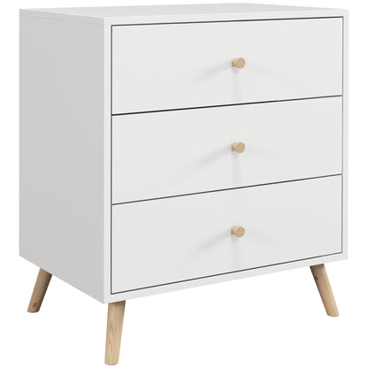Scandinavian Design 3-Drawer Chest of Drawers White Handle Tapered Solid Pine Legs Storage Unit