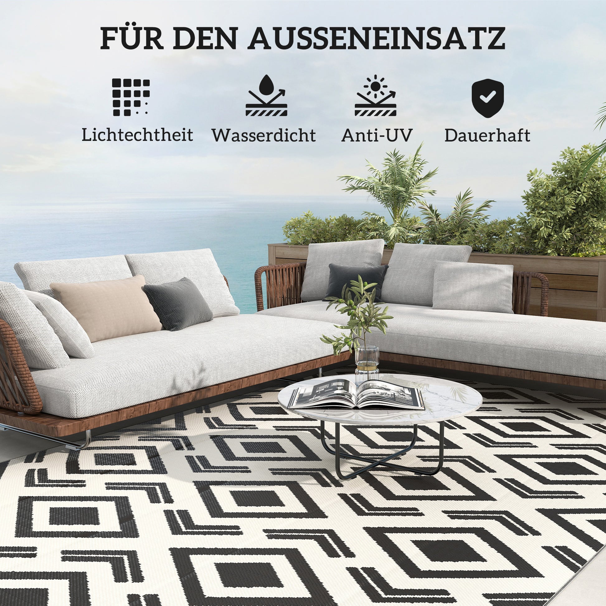Outdoor Carpet Durable Weatherproof Outdoor Rug with Carry Bag, Foldable Boho-Style Carpet, Outdoor Rug for Living Room Balcony Garden Patio Bathroom Hall Kitchen, 182 x 274 cm Black+White