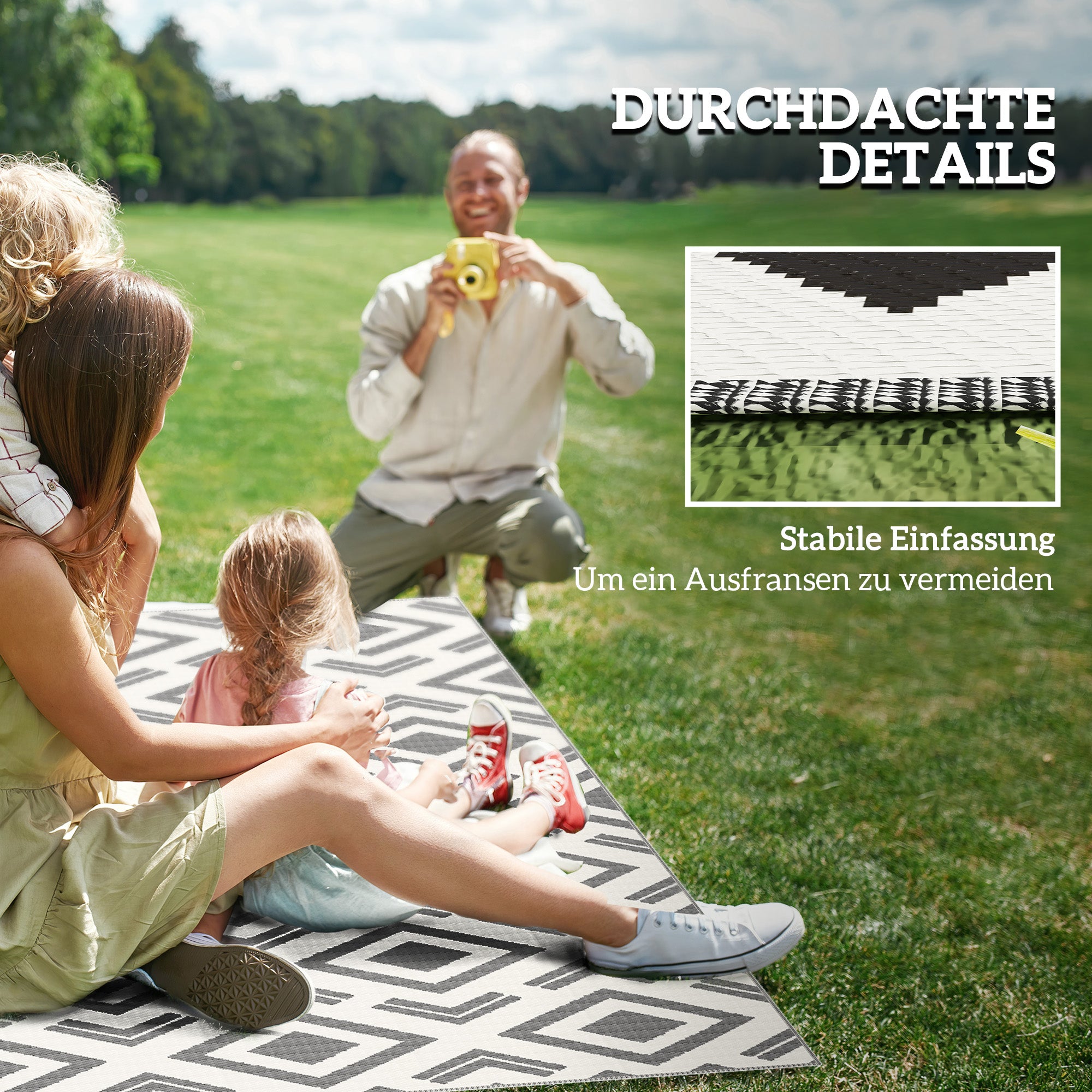 Outdoor Carpet Durable Weatherproof Outdoor Rug with Carry Bag, Foldable Boho-Style Carpet, Outdoor Rug for Living Room Balcony Garden Patio Bathroom Hall Kitchen, 182 x 274 cm Black+White