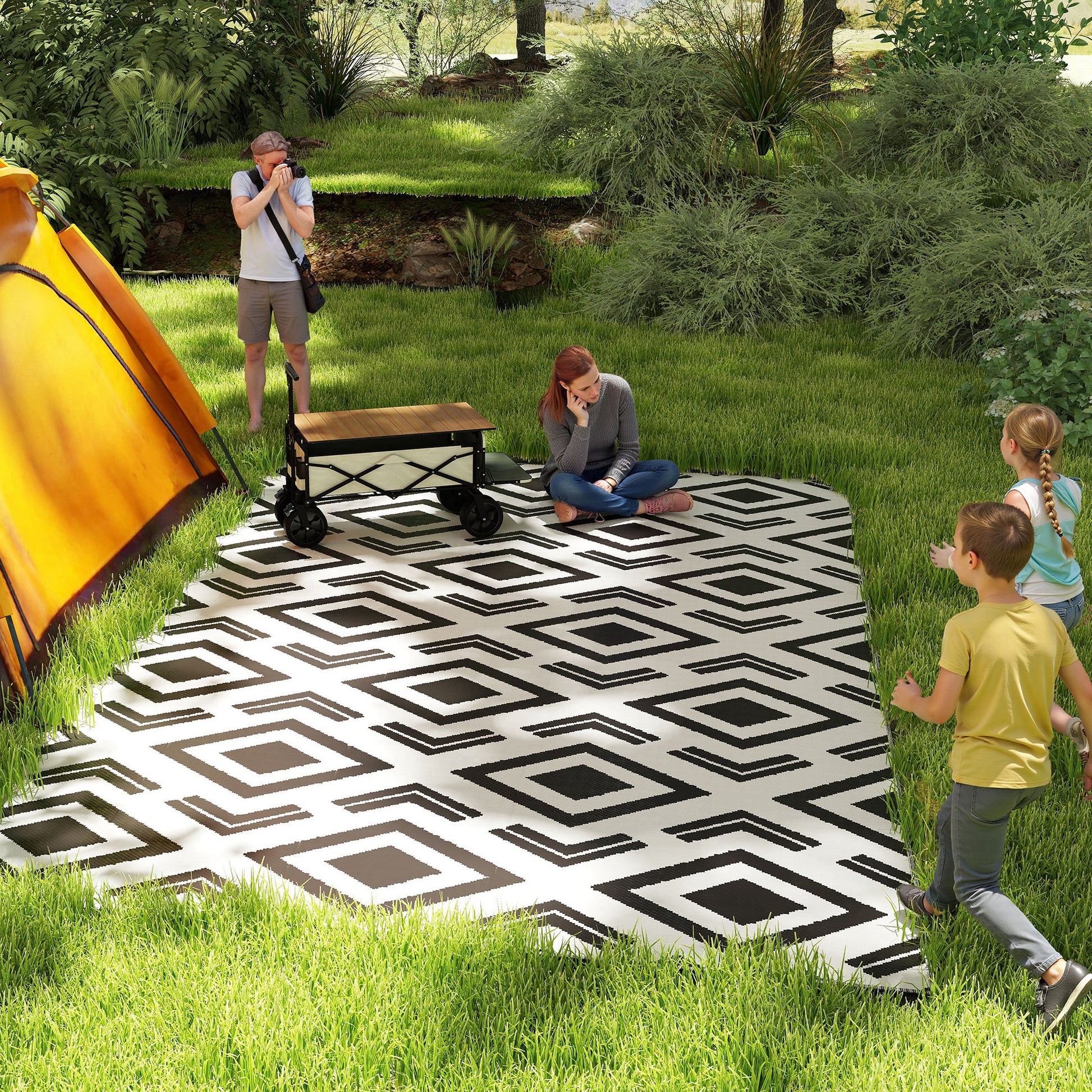 Outdoor Carpet Durable Weatherproof Outdoor Rug with Carry Bag, Foldable Boho-Style Carpet, Outdoor Rug for Living Room Balcony Garden Patio Bathroom Hall Kitchen, 182 x 274 cm Black+White