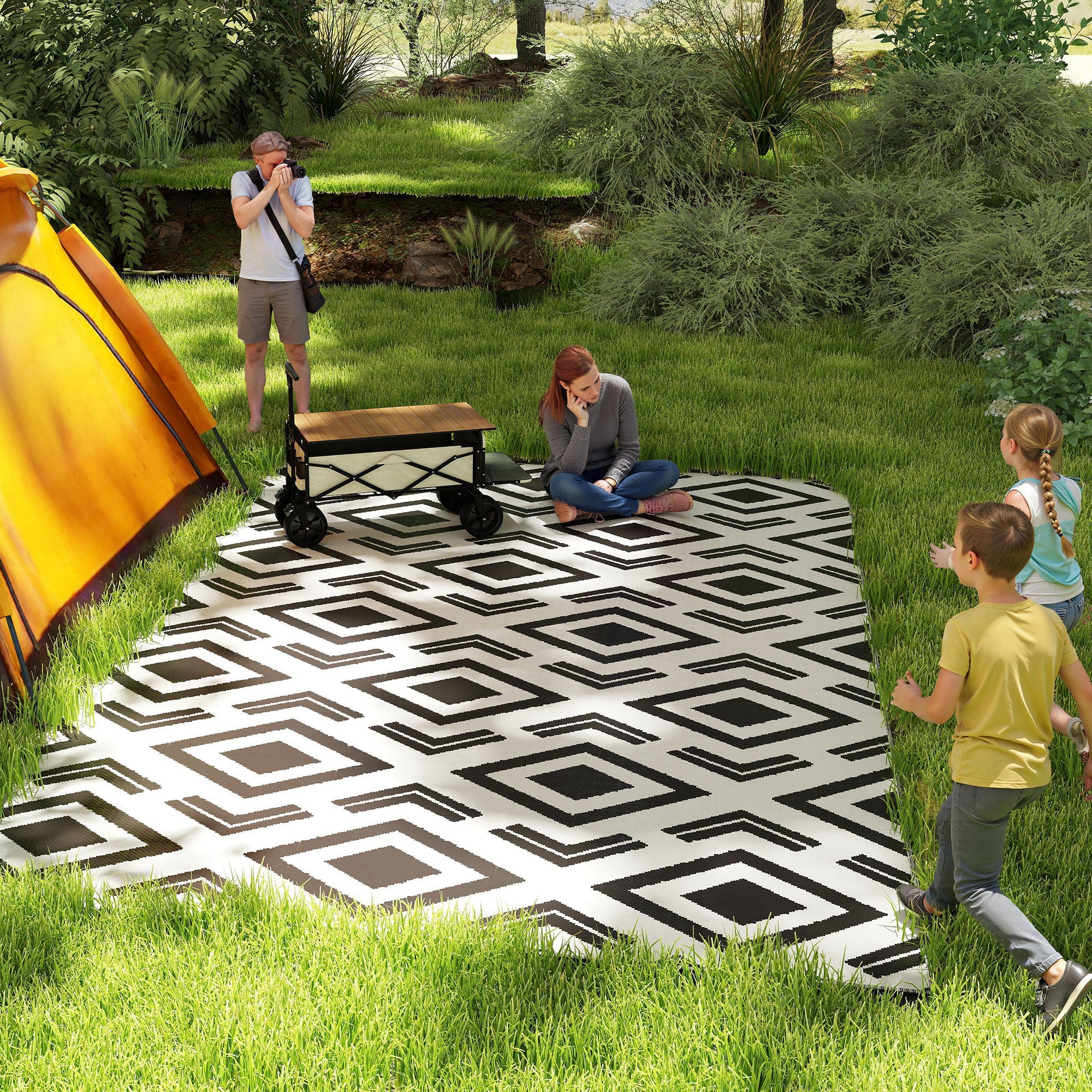 Outdoor Carpet Durable Weatherproof Outdoor Rug with Carry Bag, Foldable Boho-Style Carpet, Outdoor Rug for Living Room Balcony Garden Patio Bathroom Hall Kitchen, 182 x 274 cm Black+White