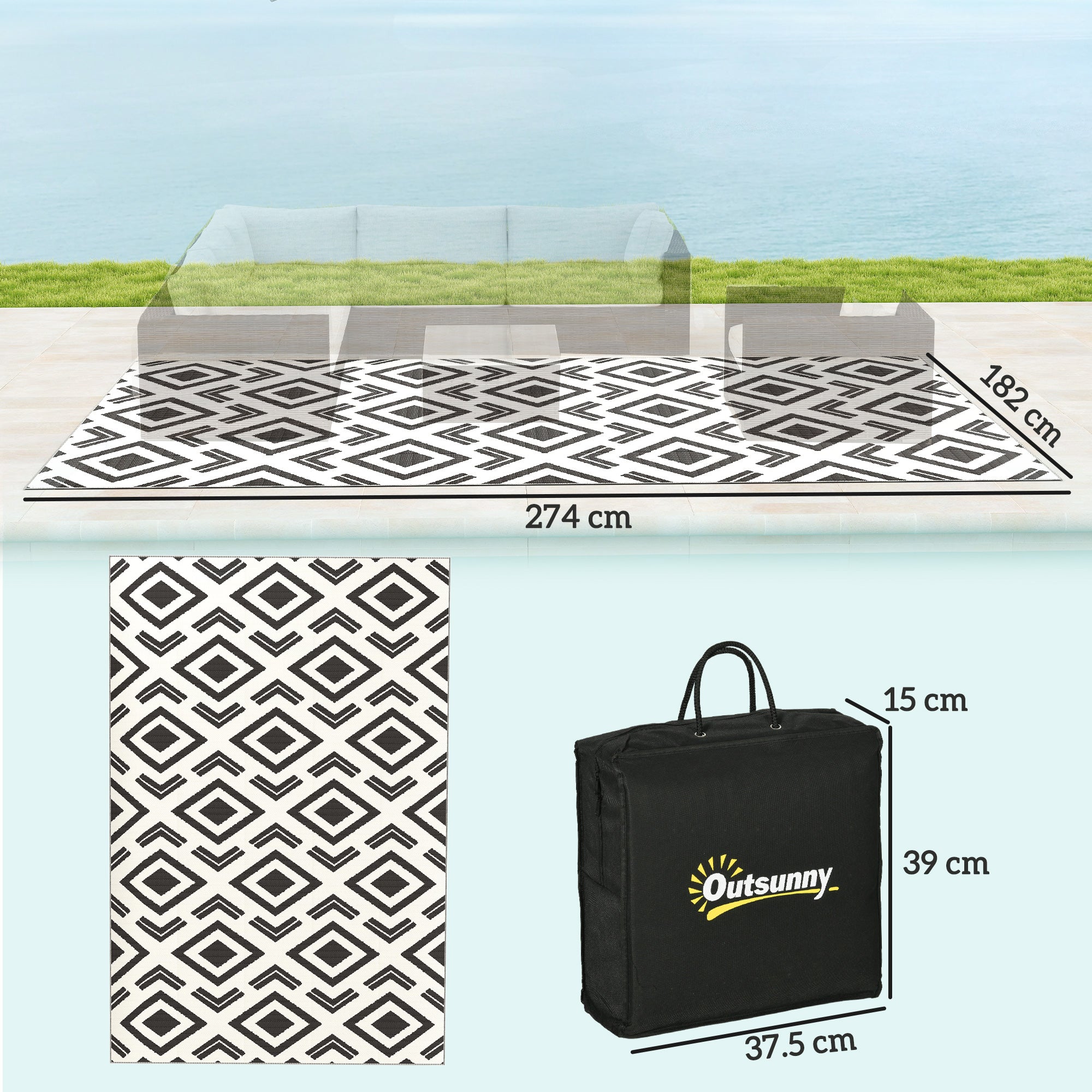 Outdoor Carpet Durable Weatherproof Outdoor Rug with Carry Bag, Foldable Boho-Style Carpet, Outdoor Rug for Living Room Balcony Garden Patio Bathroom Hall Kitchen, 182 x 274 cm Black+White