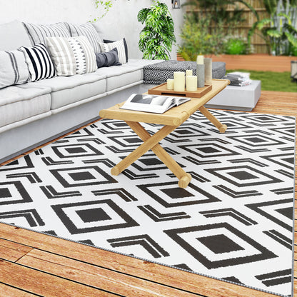 Outdoor Carpet Durable Weatherproof Outdoor Rug with Carry Bag, Foldable Boho-Style Carpet, Outdoor Rug for Living Room Balcony Garden Patio Bathroom Hall Kitchen, 182 x 274 cm Black+White
