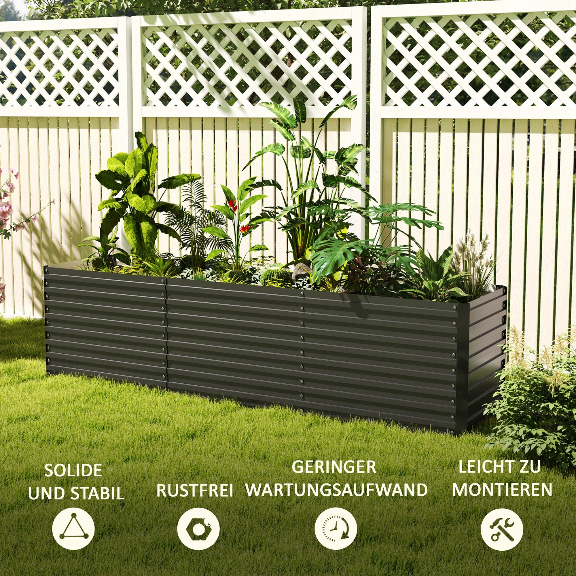 Raised Garden Bed Flower Planter Weather-Resistant, Vegetable Bed Greenhouse Planter Garden Bed Planter Box Made of Galvanized Steel, Flower Box for Terrace & Garden, 240 x 60 x 60 cm