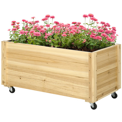 Wooden Planter with Wheels Garden Planter Cultivation Planter with Drainage Holes and Non-woven Fabric for Growing Flowers Plants Outdoor Balcony Terrace 89x48x47 cm Natural