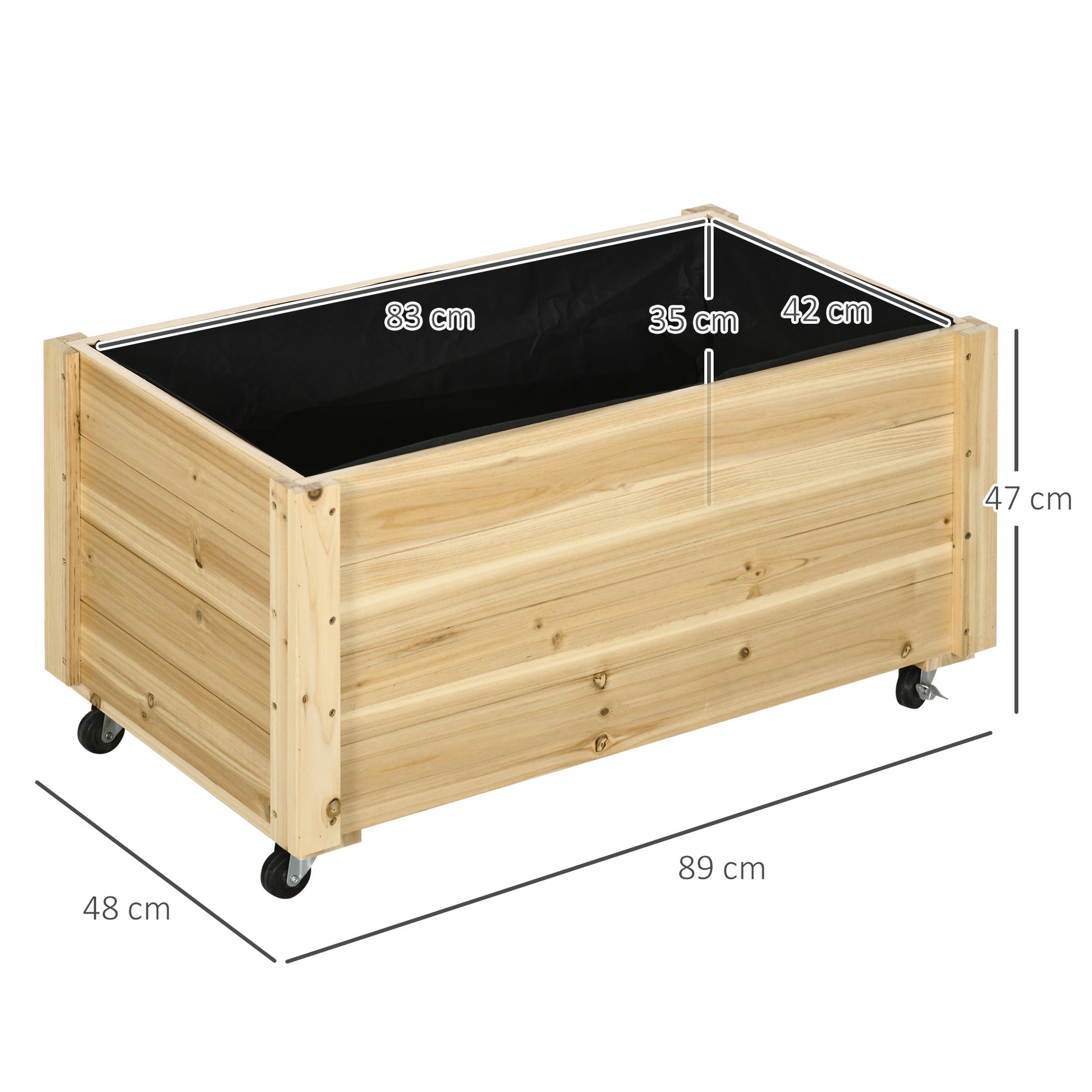 Wooden Planter with Wheels Garden Planter Cultivation Planter with Drainage Holes and Non-woven Fabric for Growing Flowers Plants Outdoor Balcony Terrace 89x48x47 cm Natural
